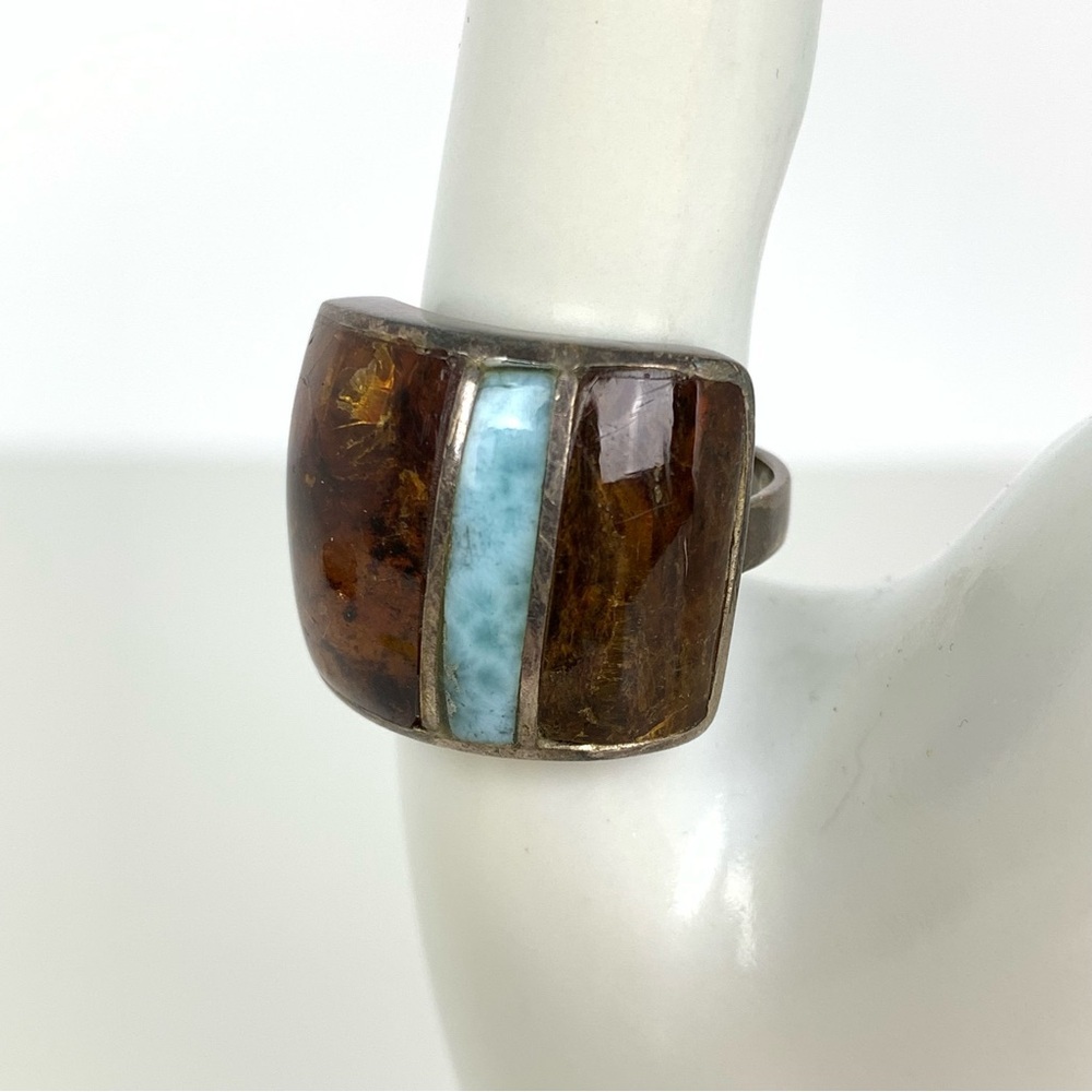 Sterling Silver Ring Amber Larimar Stones Geometrical Sz 8.25 Stamped 925 Vtg